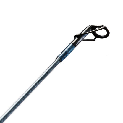 A close-up of the St. Croix Trout Series Spinning Rod 6'0" Ultra Light 2 Piece (TFS60ULF2) tip with a metal guide ring, made from sleek SCII Carbon Fiber, is angled against a white background, showcasing its precision and elegance.