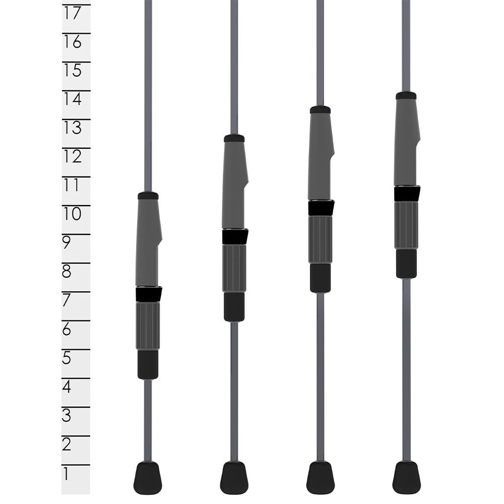 Four St. Croix Trout Series Spinning Rods (TFS60ULF2) are shown at varying extensions, featuring a left-side numbered scale (1-17) for length indication. These ultra-light 6'0" 2-piece rods promise ease and comfort for every fishing journey.