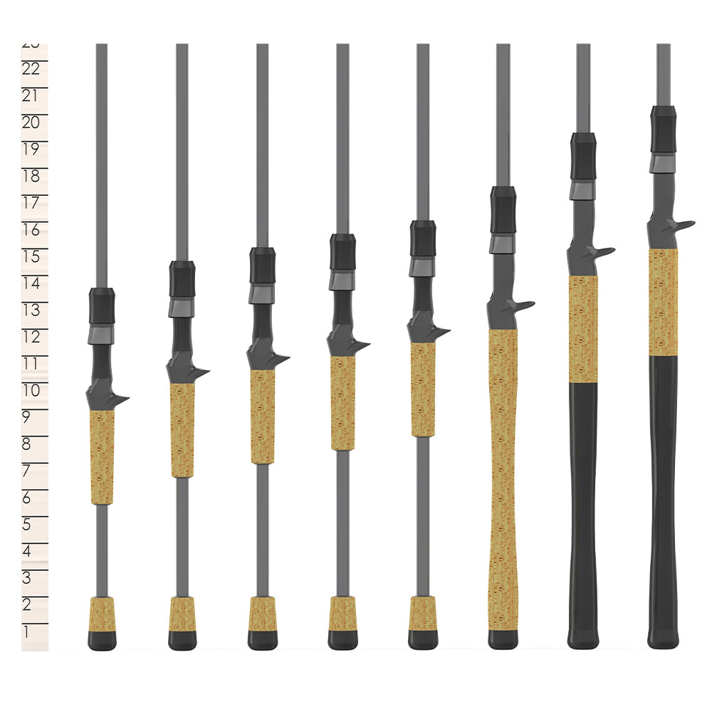 A row of eight St. Croix Victory Casting Rods, model VTC72HM, features light brown handles and black reel seats and tips, crafted from premium hybrid carbon fiber. Displayed vertically against a plain background with a ruler on the left, their size variations showcase precision engineering.