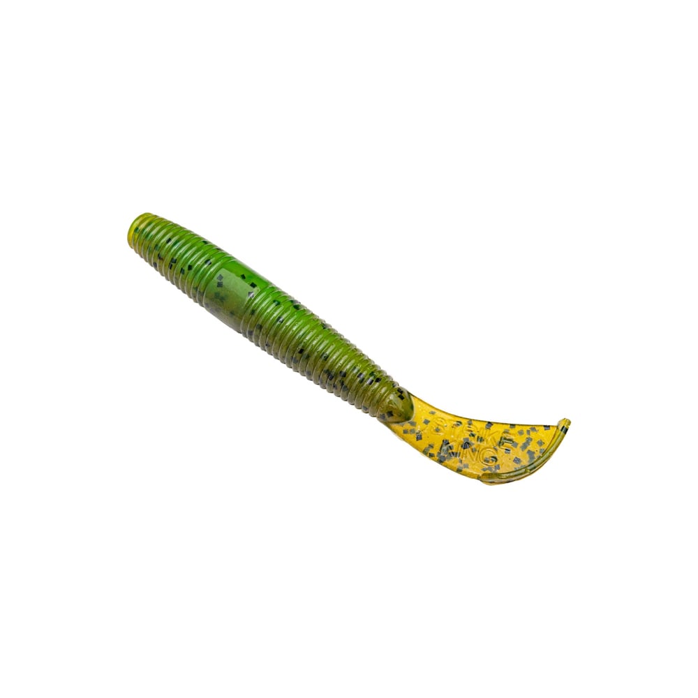The Strike King Rage Ned Cut-R Worm 3" Summer Craw by americanlegacyfishing is crafted from customized hi-grade plastics with a ribbed body. It transitions from green to yellow with black speckles, featuring a curved tail that mimics a small fish or worm against a plain white background.