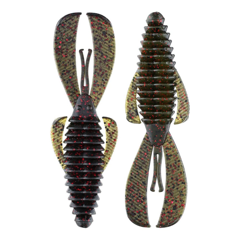 The Strike King Midsize Rage Bug lures are soft plastic baits shaped like crawfish with ribbed bodies and large pincers. Their green and black mottled pattern, highlighted by red glitter accents, makes these versatile for different fishing conditions.