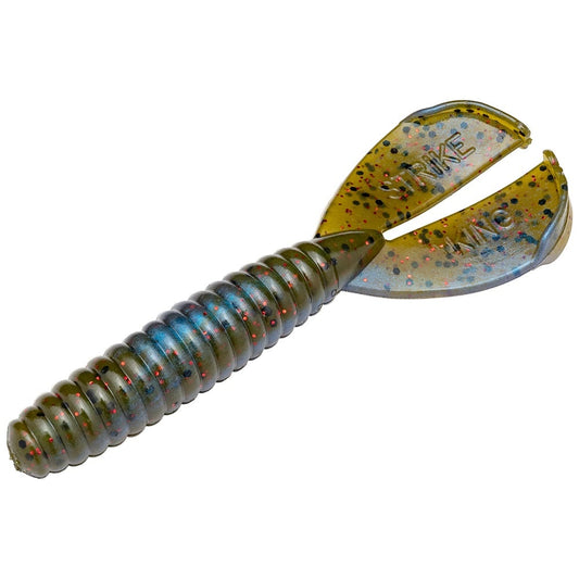 The Strike King Rage Menace Grub 4" (8pk) features a ribbed, olive-green soft plastic body with two paddle tails, each embossed with "KING" and speckled with red and blue glitter—perfect bass bait.