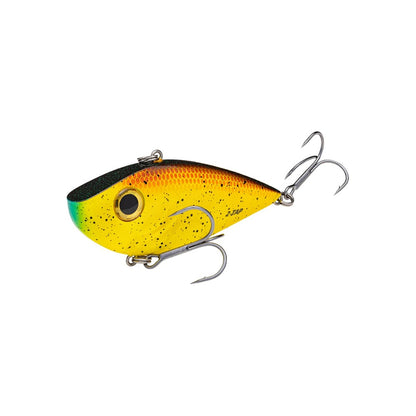 The vivid Strike King Red Eye Shad Tungsten 2 Tap is a lipless crankbait designed to mimic a small fish, featuring a yellow-to-orange gradient body, dual treble hooks, and a prominent eye design set against its white backdrop.