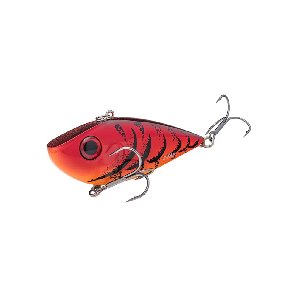 This stylish fishing lure closely resembles the Strike King Red Eye Shad Tungsten 2 Tap. Featuring a sleek red and orange design with black stripes, it has a fish-like appearance, two treble hooks, and a large eye detail, making it an ideal lipless crankbait for your next big catch.