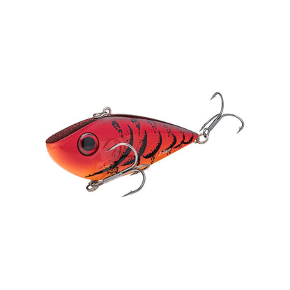 This stylish fishing lure closely resembles the Strike King Red Eye Shad Tungsten 2 Tap. Featuring a sleek red and orange design with black stripes, it has a fish-like appearance, two treble hooks, and a large eye detail, making it an ideal lipless crankbait for your next big catch.