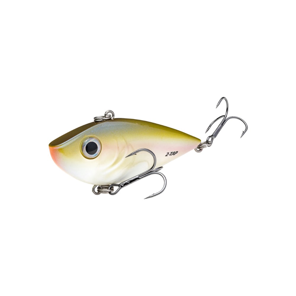 The Strike King Red Eye Shad Tungsten 2 Tap is a realistic fish-shaped lipless crankbait featuring two treble hooks, a yellow-green-white gradient, and detailed eye design, perfect for enticing cautious fish.