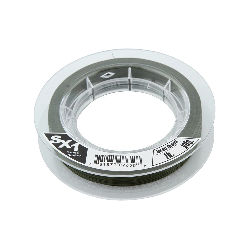 A close-up shows a spool of Sunline SX1 Braided Line with a transparent casing. The label displays "SX1," noting it as 12 lbs, deep green, and designed for enhanced abrasion resistance, with a barcode on the side.