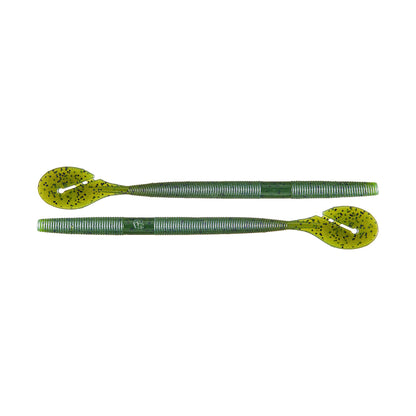 Two Yamamoto Speed Senko fishing worms in green soft plastic, with ribbed bodies, curled tails, and black speckles. Perfect for bass fishing, they are placed side-by-side on a white background.