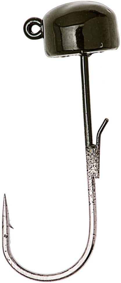 A close-up of a single Z-Man Finesse ShroomZ jig head by Z-Man, showing its rounded metallic weight, sharp curved hook, and an eyelet for attaching Ned Rig setups and ElaZtech baits.