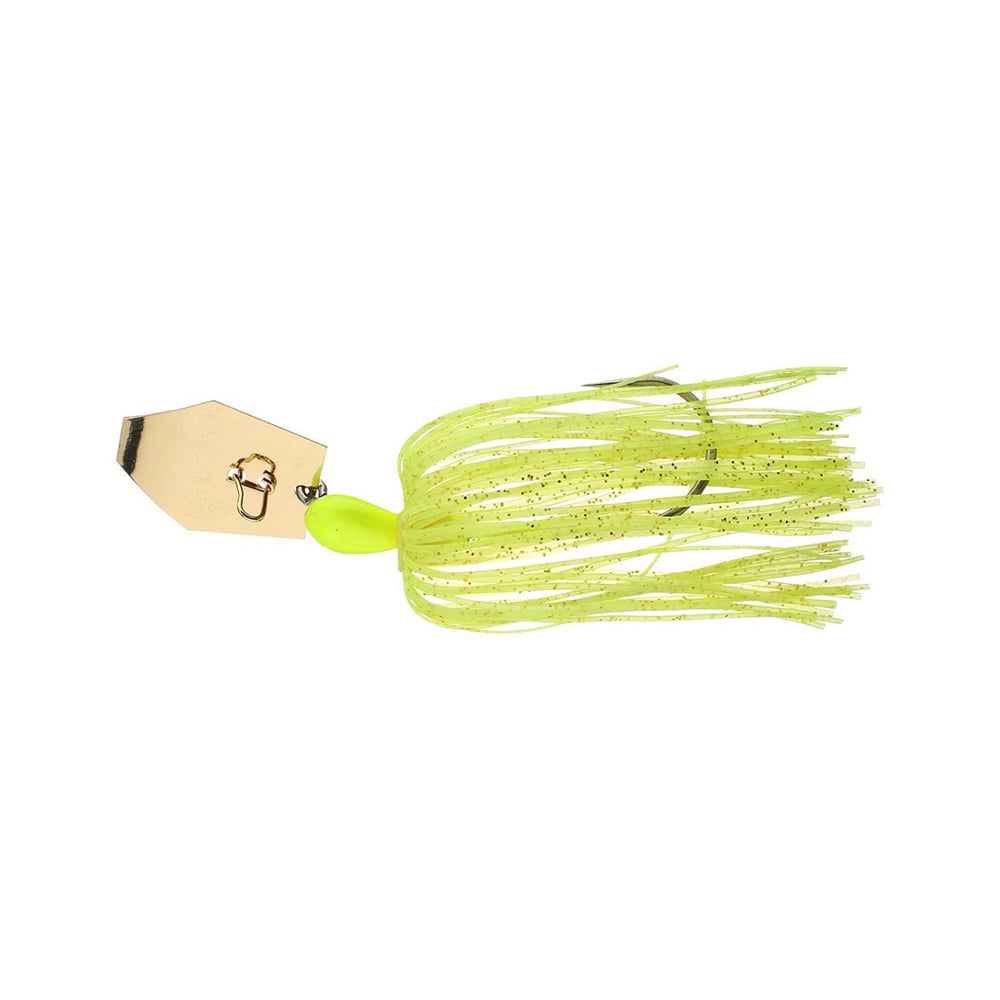 The Z-Man Original Chatterbait is a bright yellow-green fishing lure with a gold, hex-shaped blade and long, thin skirt strands. Its bladed design includes an attached hook for attracting fish, and the skirt shimmers subtly for added allure.
