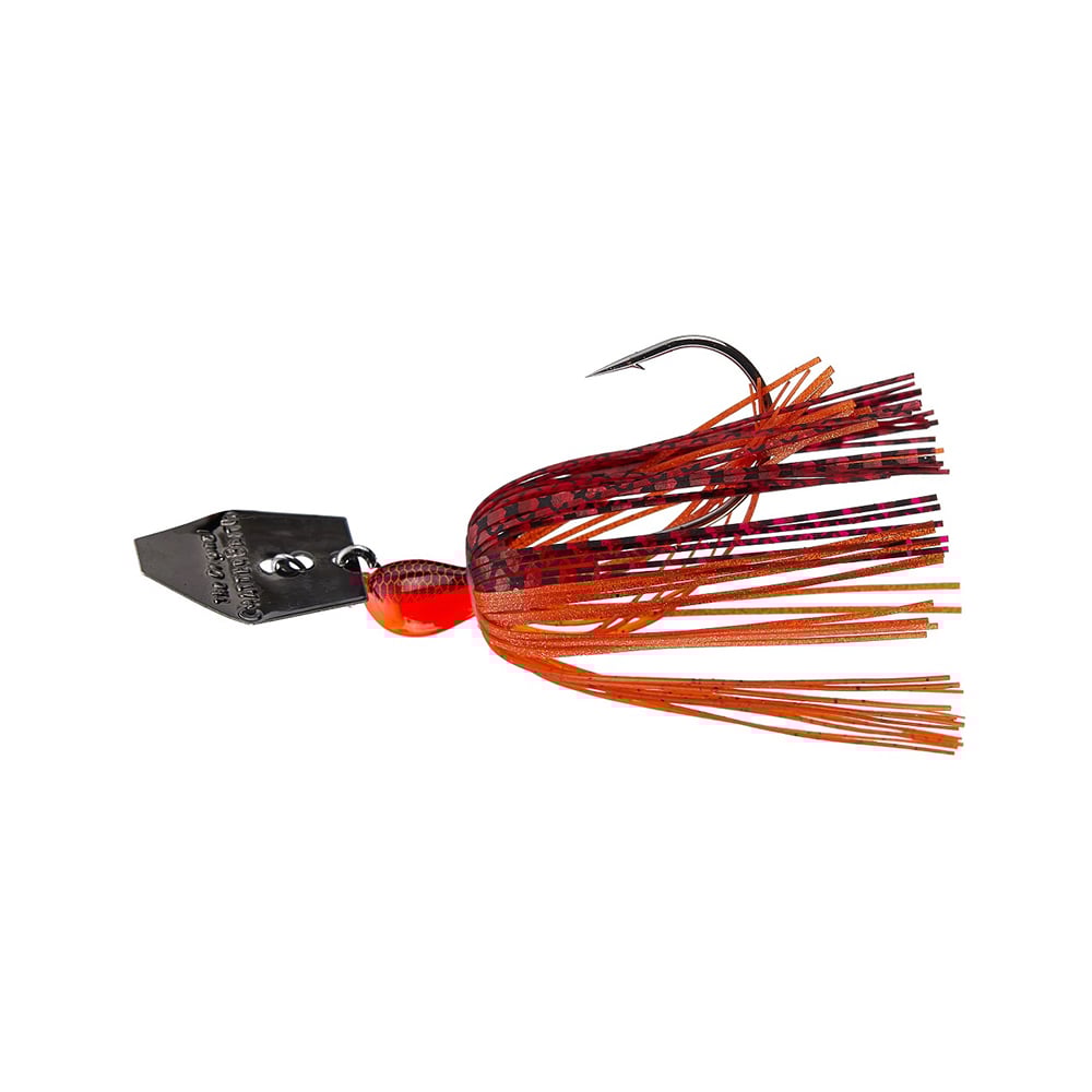 The Z-Man Original Chatterbait by Z-Man features a black, diamond-shaped head, orange bead, red and orange fringed strands covering a shiny hook, and an additional bladed swim jig to enhance attraction.