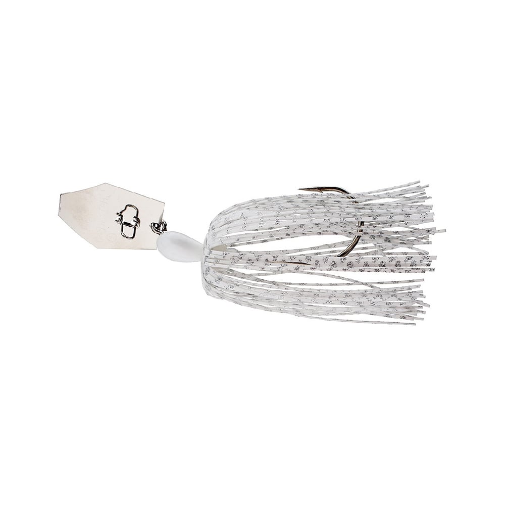The Z-Man Original Chatterbait, featuring a hex-shaped silver blade and white rubber skirt, mimics prey to attract fish.