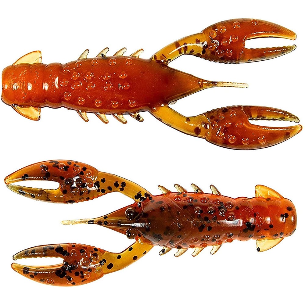 Two Z-Man TRD Crawz lures, in orange and brown with buoyant claws and black speckled bodies, are shown against a white background.