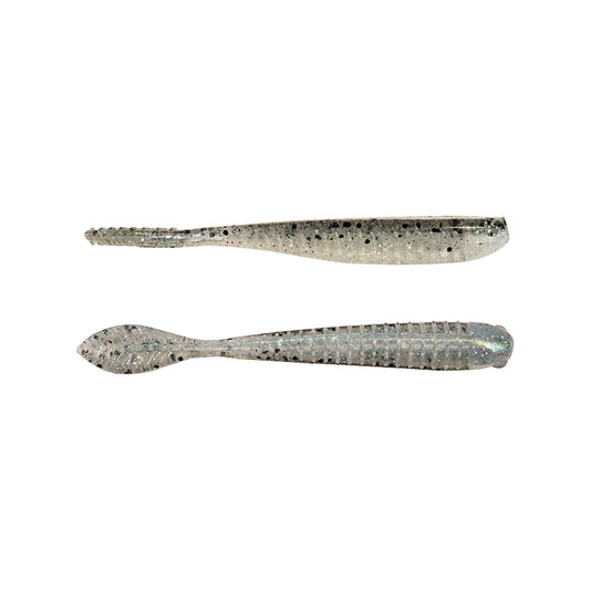 The Z-Man Trick ShotZ soft plastic fishing lures by Z-Man feature durable ElaZtech construction, a translucent speckled design, and a ribbed texture. One lure is shown from the side and the other from above, making them ideal drop shot baits with excellent tear resistance.