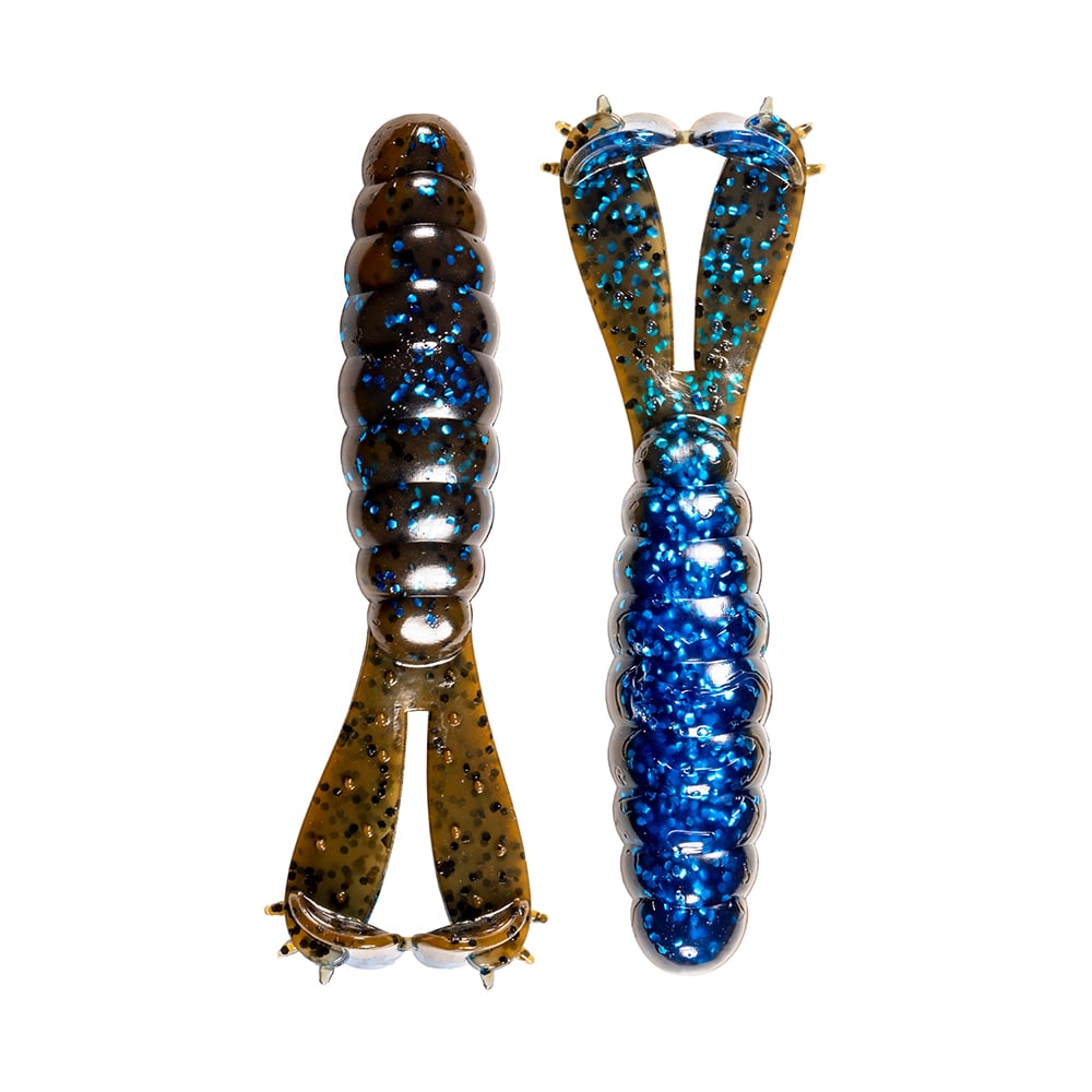 Two Z-Man Goat Twin Tail Grub lures from Z-Man, one in dark brown with blue glitter and the other in clear blue with silver glitter, both featuring soft segmented bodies and twin tail design, are displayed against a white background.