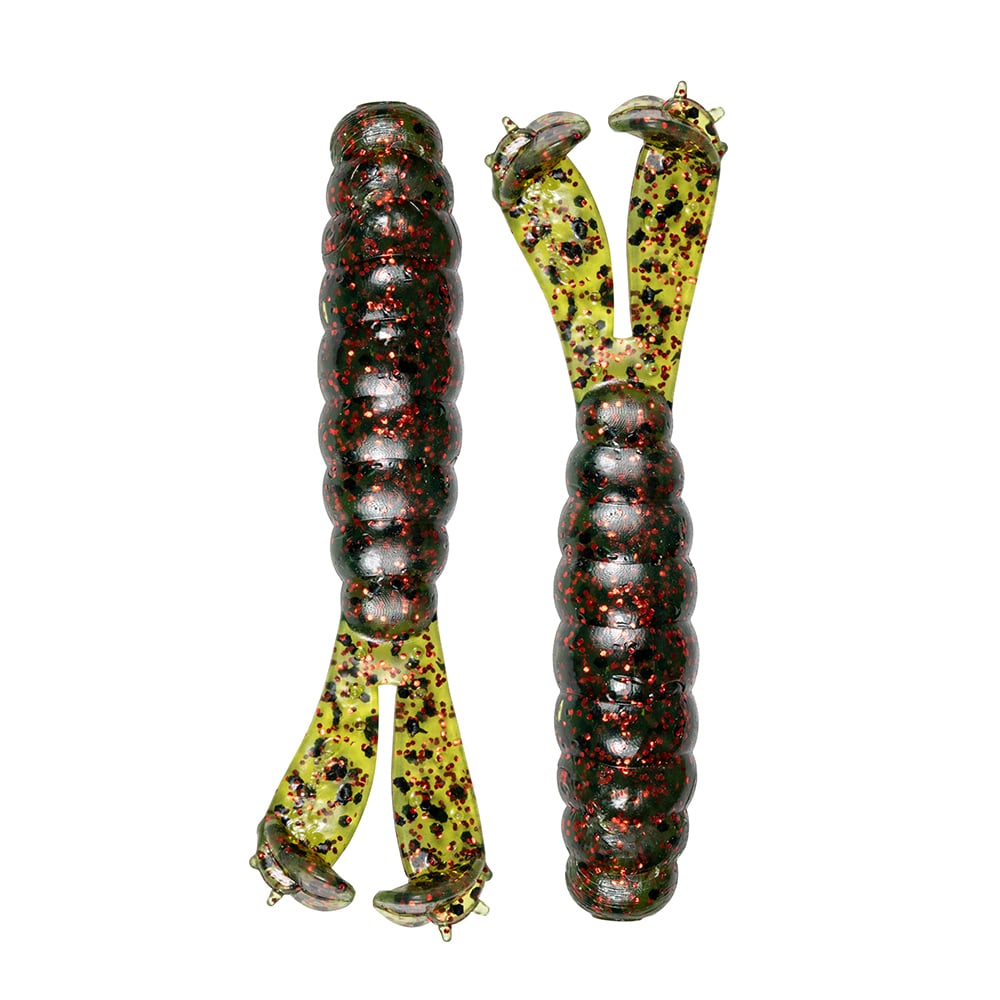 Two Z-Man Goat Twin Tail Grub lures feature green and black speckled, ribbed bodies with twin paddle tails, made from durable ElaZtech and enhanced with red and black glitter for extra attraction.