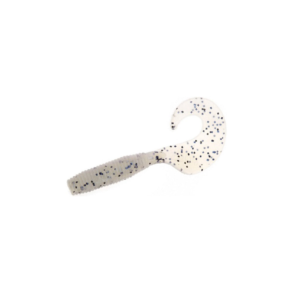 The Zoom Fat Albert Grubs by Zoom feature a ribbed body, chunky profile, and curled tail in translucent white with black and blue specks—ideal for attracting bass.