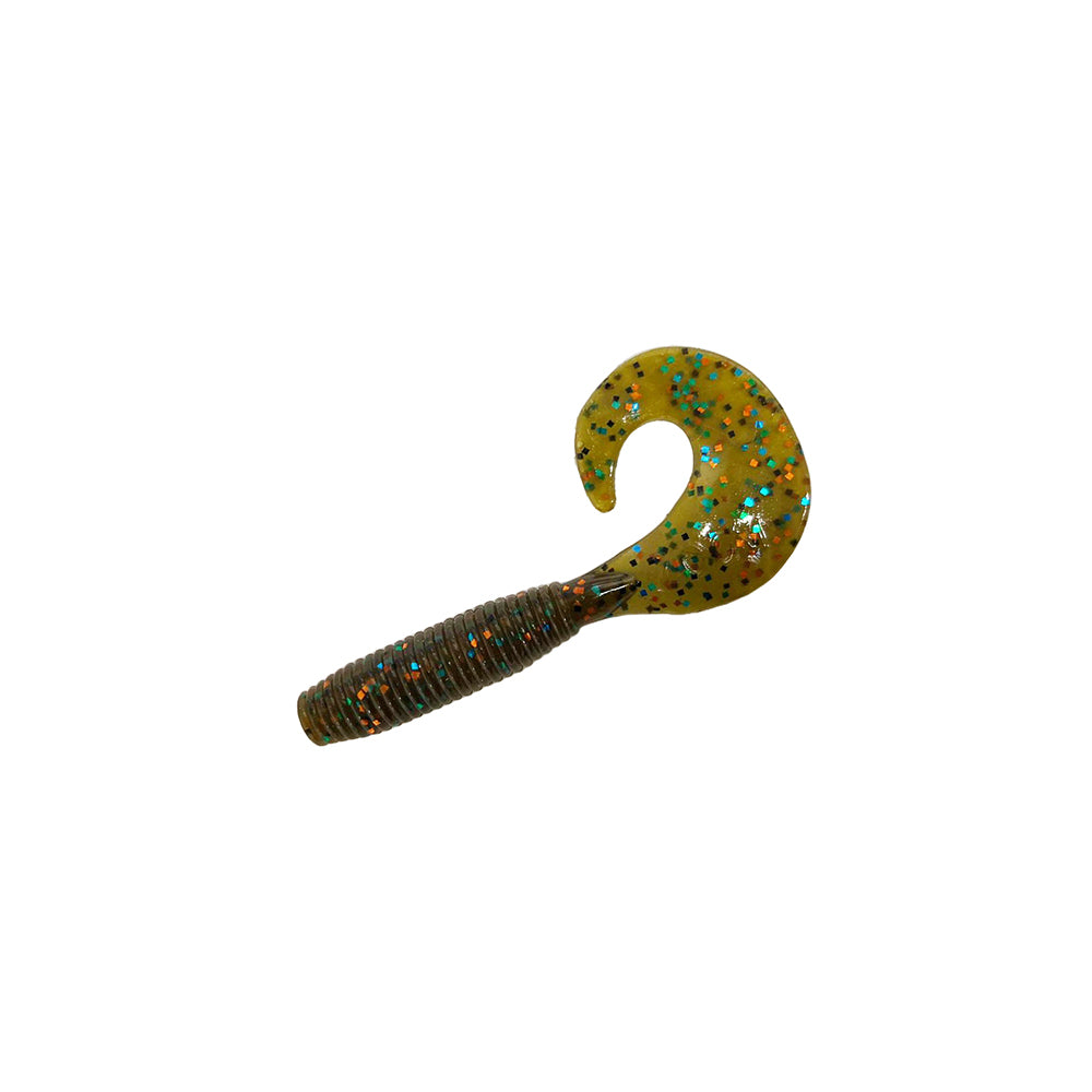 The Zoom Fat Albert Grubs by Zoom feature a chunky, ribbed brownish-green body and a curled yellow tail with blue and black glitter, making them an irresistible soft plastic lure for bass fishing.