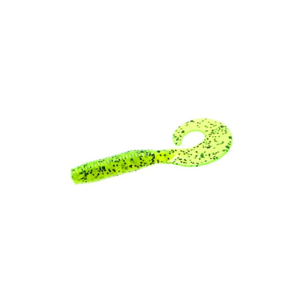 The Zoom Fat Albert Grubs by Zoom feature a chunky, ribbed body and curly tail in a bright yellow-green with black speckles—a soft plastic lure designed for irresistible bass action.