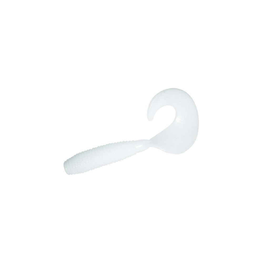 The Zoom Fat Albert Grubs by Zoom are soft, white plastic fishing lures with ribbed bodies and single curly tails, offering a chunky profile and enticing action for bass, displayed on a plain white background.