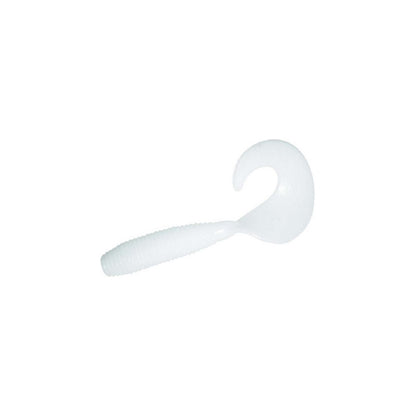 The Zoom Fat Albert Grubs by Zoom are soft, white plastic fishing lures with ribbed bodies and single curly tails, offering a chunky profile and enticing action for bass, displayed on a plain white background.