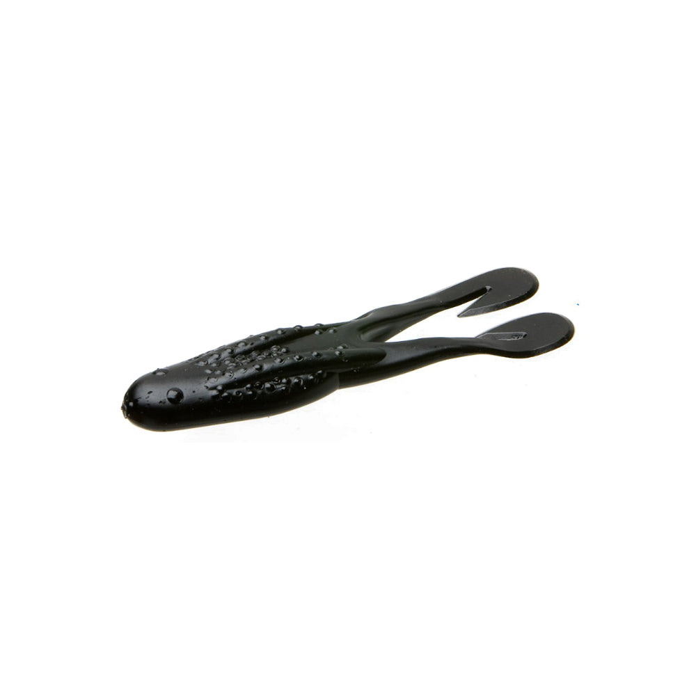 The Zoom Horny Toad by Zoom is a soft plastic fishing lure shaped like a frog, featuring a black color, two leg-like extensions, and textured bumps on its back, displayed on a white background.