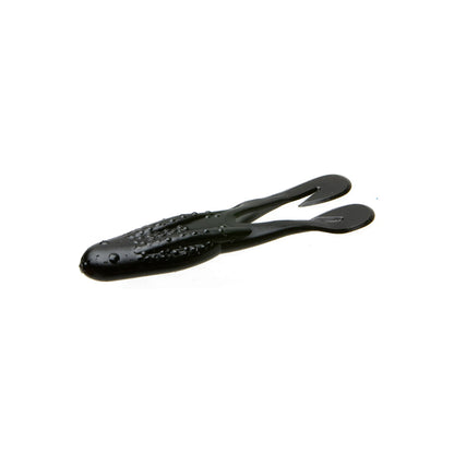The Zoom Horny Toad by Zoom is a soft plastic fishing lure shaped like a frog, featuring a black color, two leg-like extensions, and textured bumps on its back, displayed on a white background.