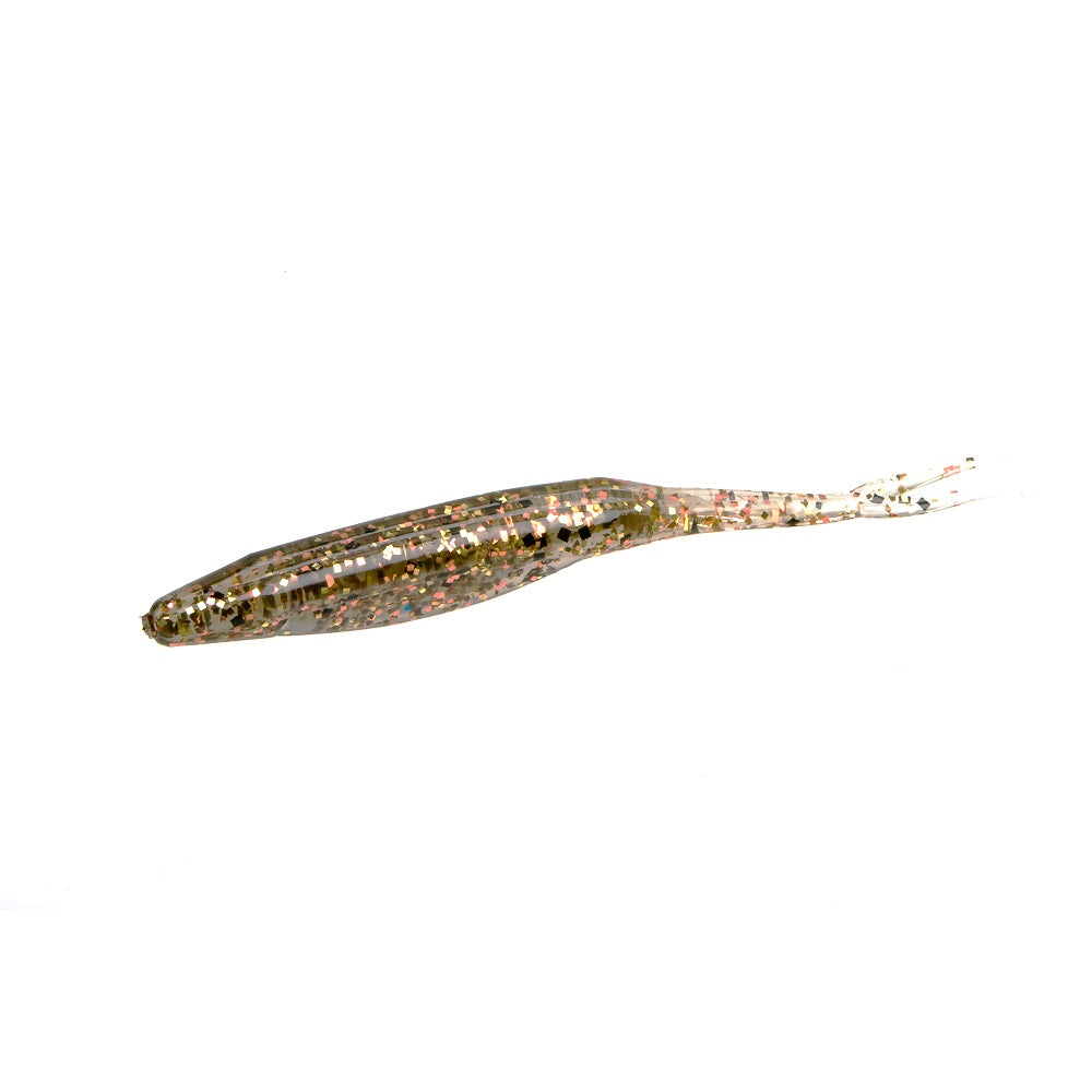 A single Zoom Super Fluke by Zoom, featuring a slender translucent body with gold and silver glitter and a thin forked tail that mimics baitfish, is displayed on a white background.