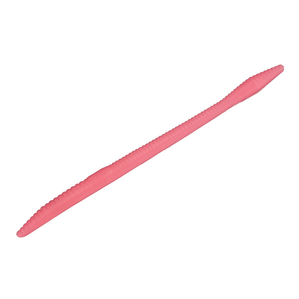 The pink Zoom Trick Worms, with a ribbed texture and tapering ends, effortlessly drift for shallow water bass fishing. Ideal for floating presentations, this soft plastic lure is showcased against a white background.