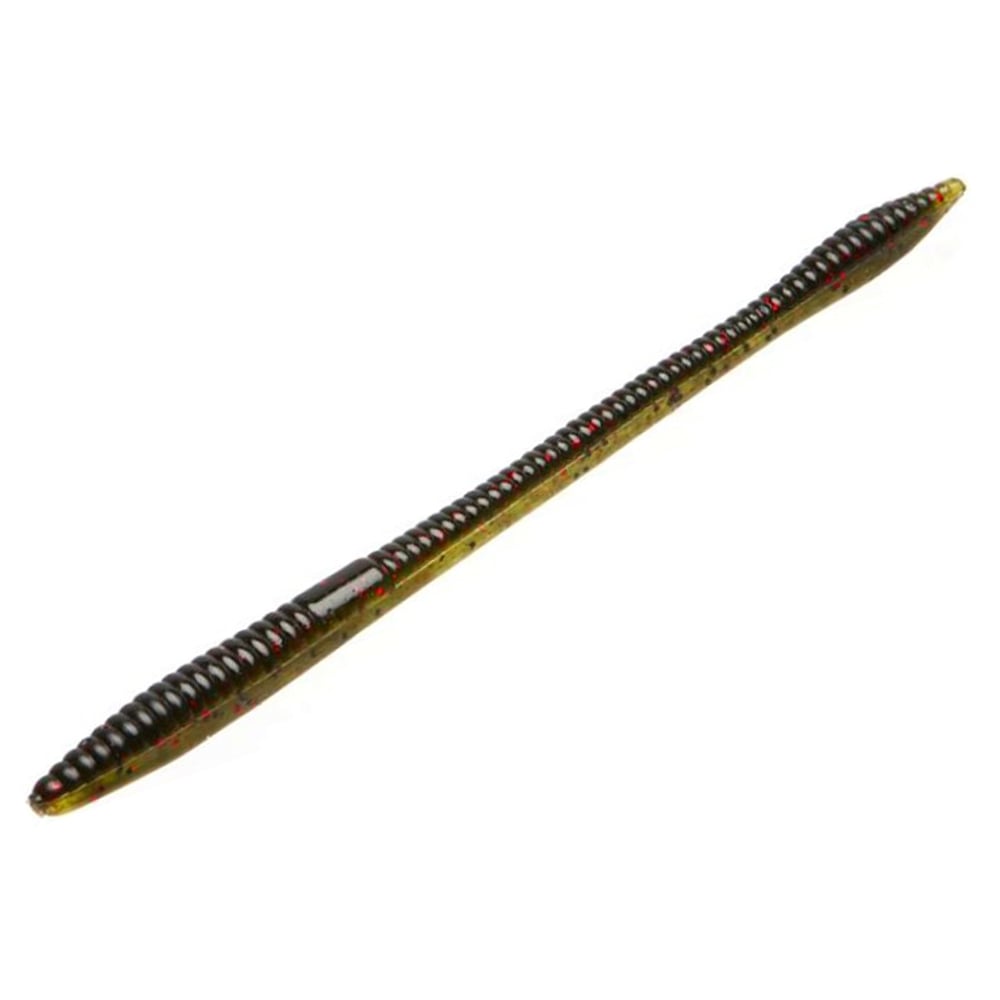 A detailed view shows a segmented, brown and green Zoom Trick Worm by Zoom, with red speckles. Its tapered, ribbed worm-like shape resembles a floating worm and is perfect for shallow water bass fishing. This is all on a plain white background.