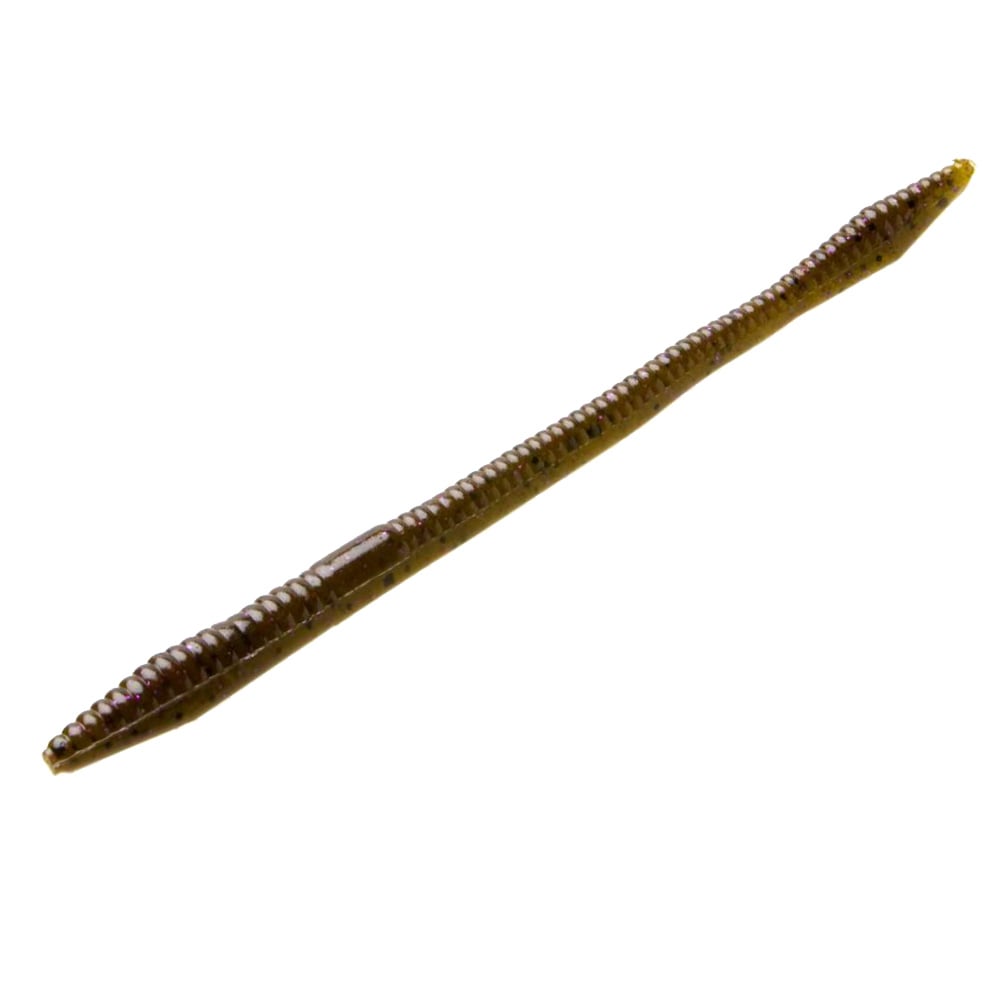 A close-up image of a Zoom Trick Worm by Zoom floating on a white background, resembling an elongated, tapered brown earthworm. The shiny and textured surface highlights its segmented design.