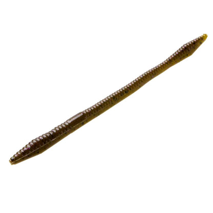 A close-up image of a Zoom Trick Worm by Zoom floating on a white background, resembling an elongated, tapered brown earthworm. The shiny and textured surface highlights its segmented design.
