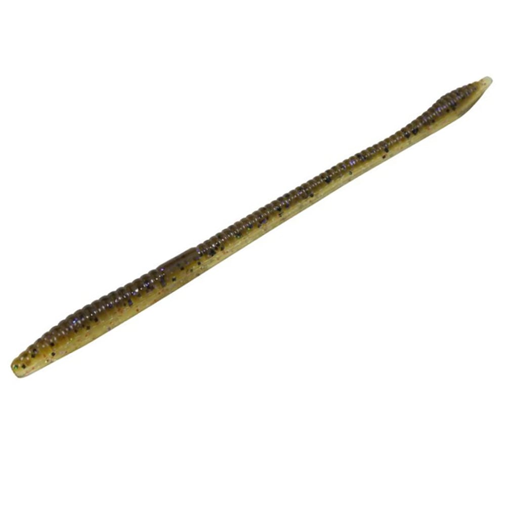 A realistic brown, segmented fishing lure resembling Zoom Trick Worms is seen against a white background. The elongated design with a tapered end and small black speckles makes it perfect for enticing shallow water bass. Brand: Zoom.
