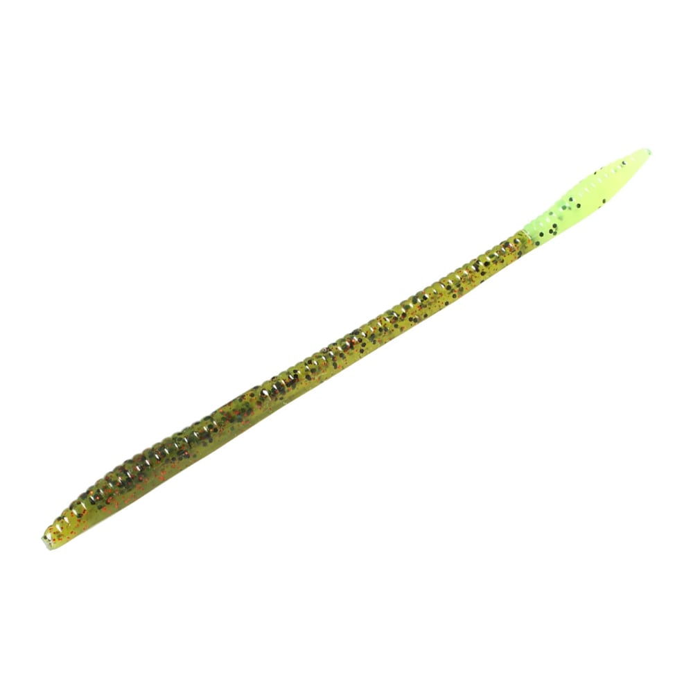 The Zoom Trick Worms by Zoom are green and brown plastic fishing lures with a segmented, textured body and lighter green tip, ideal for shallow water bass fishing. Displayed against a white background.