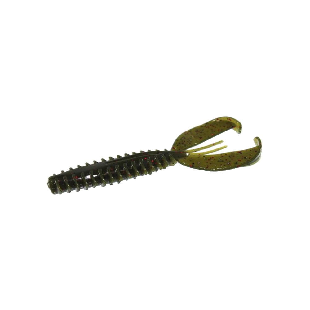 The Zoom Z-Craw is a green artificial fishing lure shaped like a small crayfish. It features fluttering claws, an elongated body, and a ribbed design with red speckles for a realistic look.