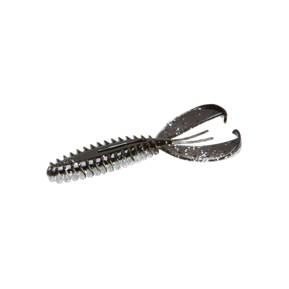 Meet the Zoom Z-Craw Jr., a black-and-silver speckled soft plastic fishing lure by Zoom. It features a ribbed body and two claw-like appendages, mimicking a crawfish to attract bass. Ideal for use with swim jigs.