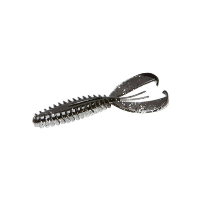 Meet the Zoom Z-Craw Jr., a black-and-silver speckled soft plastic fishing lure by Zoom. It features a ribbed body and two claw-like appendages, mimicking a crawfish to attract bass. Ideal for use with swim jigs.