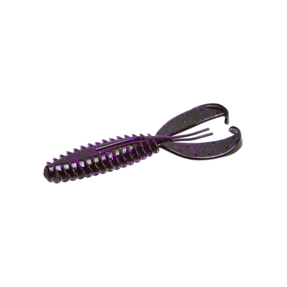 The Zoom Z-Craw Jr. by Zoom is a purple, soft plastic lure shaped like a crawfish. It features two claw-like appendages with a ribbed body and small blue glitter for shine, ideal for use with swim jigs to attract bass.