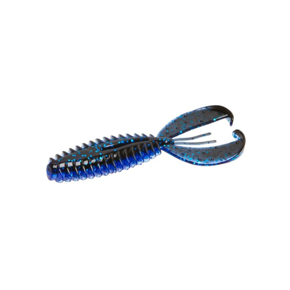The Zoom Z-Craw Jr. fishing lure features a lifelike black and blue plastic crawfish design with a segmented body, curved pincers, and scattered blue speckles. It's perfect for pairing with swim jigs to attract elusive bass.