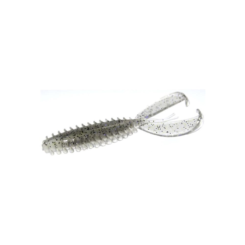 The Zoom Z-Craw Jr. by Zoom is a clear, soft plastic lure with a ribbed body and twin tails, dotted with black specks to mimic an enticing small aquatic creature for bass.