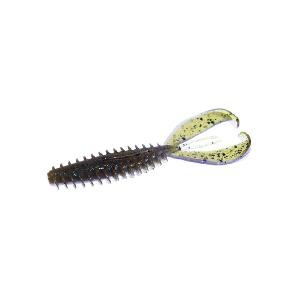 A close-up of the Zoom Z-Craw Jr., perfect for swim jigs, highlights its ribbed, brown-translucent body and claw-like appendages. The light green claws with black speckles mimic prey to attract bass effectively.