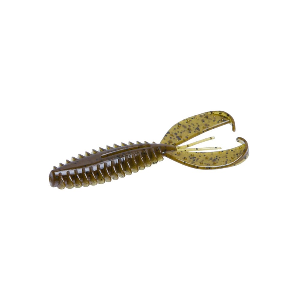 The Zoom Z-Craw Jr. by Zoom is crafted to resemble a tiny crawfish, ideal for bass fishing. It features a brown color with black speckles, segmented body details, and two curved claw-like appendages, making it perfect for pairing with swim jigs.