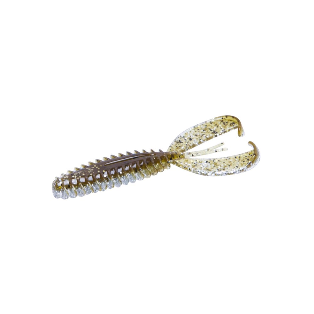 The Zoom Z-Craw Jr. by Zoom is a soft plastic lure featuring a ribbed body and wide, flat tails. Its speckled brown and gray pattern mimics prey in water, making it perfect for enticing bass when paired with swim jigs.