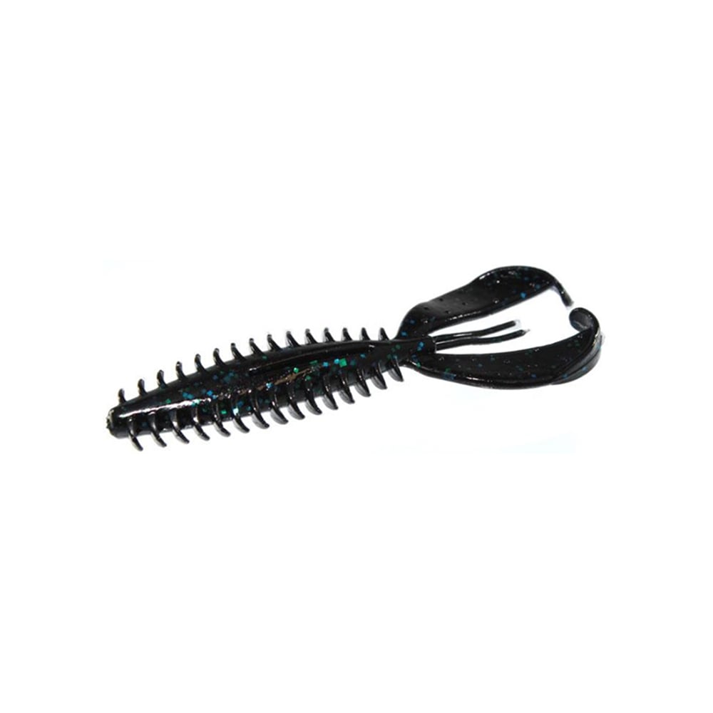 The Zoom Z-Craw fishing lure, by Zoom, features a ribbed, elongated body with fluttering claws at one end in a black and blue speckled pattern, perfectly mimicking aquatic prey.