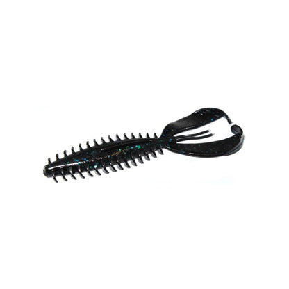 The Zoom Z-Craw fishing lure, by Zoom, features a ribbed, elongated body with fluttering claws at one end in a black and blue speckled pattern, perfectly mimicking aquatic prey.
