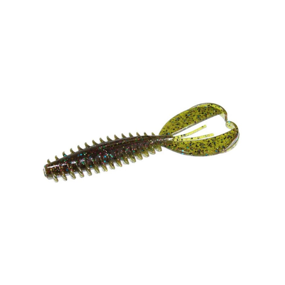A Zoom Z-Craw Jr. fishing lure by Zoom features a green and brown ribbed body with two tail-like appendages, speckled patterns, and glitter details, ideal for enhancing swim jigs when targeting bass.