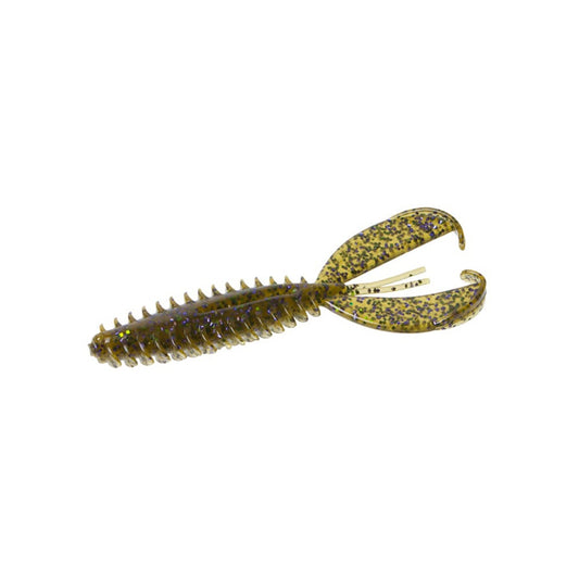 Zoom's Z-Craw showcases an elongated, ribbed body with fluttering claws and two tail appendages. Its rich brown color is speckled with black and accented by glittery green and blue highlights.