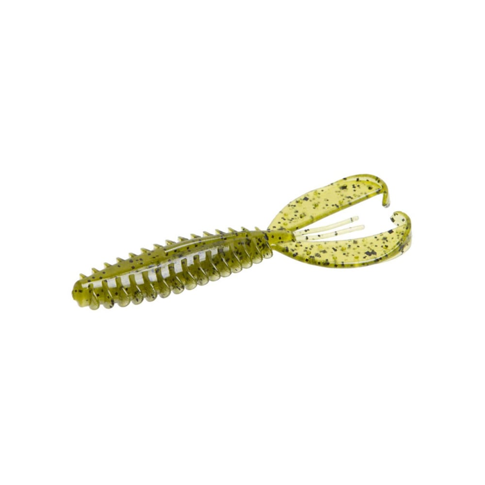 The Zoom Z-Craw Jr. from Zoom is a vibrant green rubber fishing lure with a ribbed body and twin curled tails, speckled with black spots. Perfect for bass fishing, it pairs well with swim jigs and is displayed against a plain white background to attract fish irresistibly.