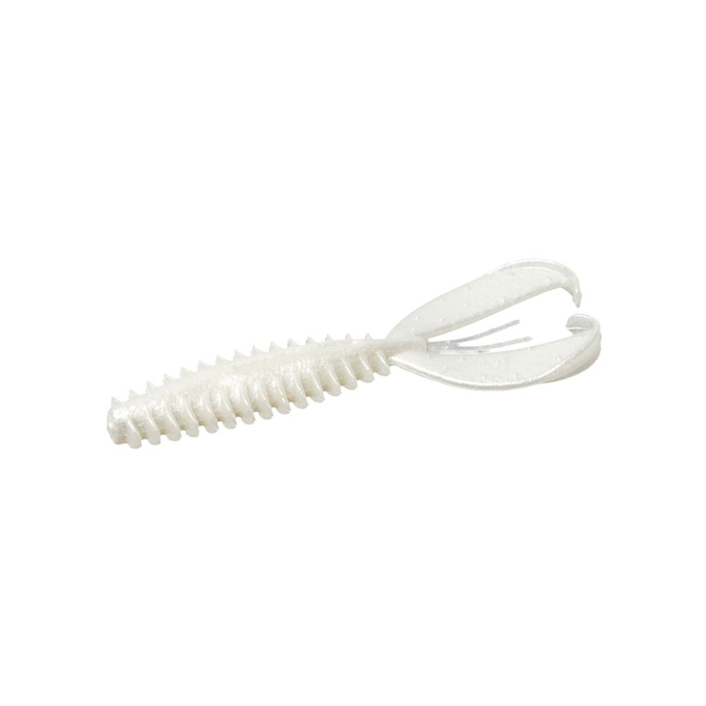 The Zoom Z-Craw Jr. by Zoom is a soft plastic fishing lure featuring a ribbed body and twin tail design. It is translucent with a pearly white hue, ideal for bass fishing. It mimics small aquatic creatures and pairs well with swim jigs to attract big catches.