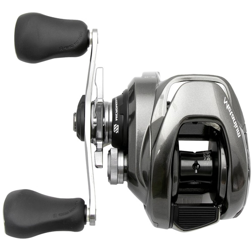 The Shimano Metanium MGL 151HGB 7.1:1 Left Hand Casting Reel from americanlegacyfishing showcases a sleek silver and black design with two black handles and prominent branding. Its compact design features a Magnesium CoreSolid Body with exposed components, highlighting the fine details and craftsmanship of the reel.